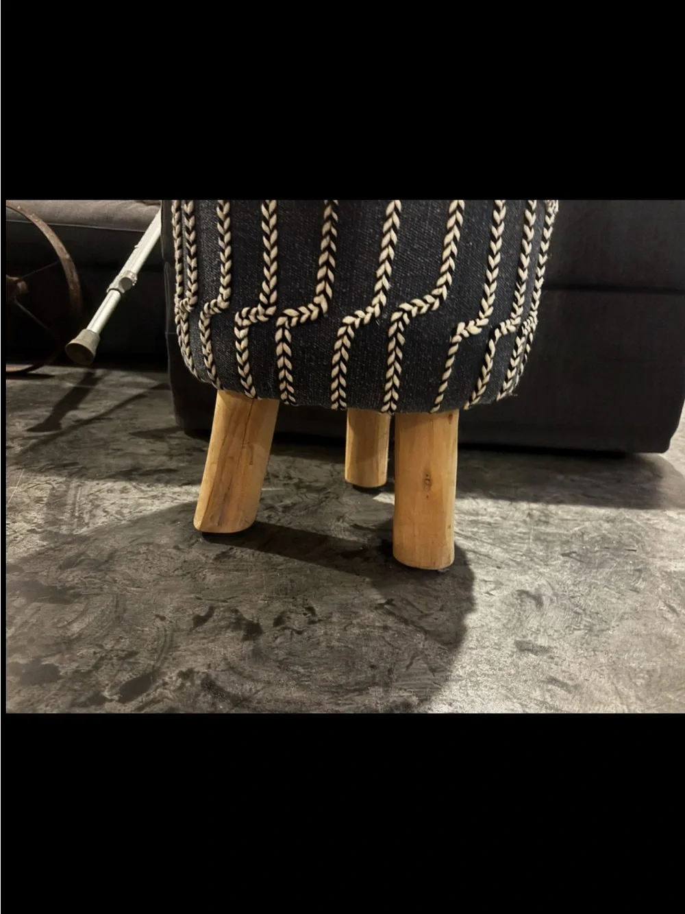 Blue Patterned Round Accent Stool with Wooden Legs